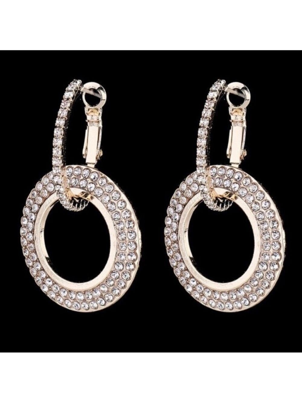 Rose Gold Bling Double Looped CZ Circle Hoops Dangling Earrings NWOT
